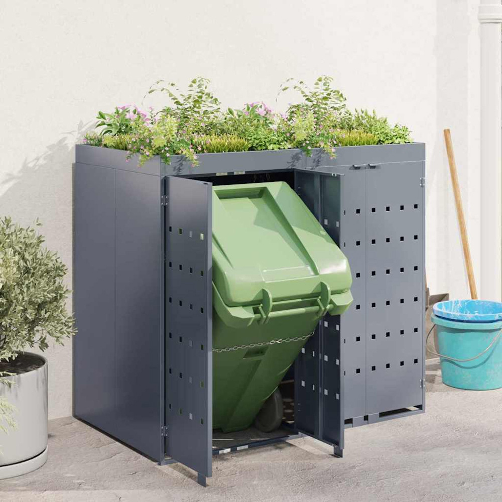 vidaXL Light Grey 2 Wheelie Bin Storage Shed with Planter Roof Image 2