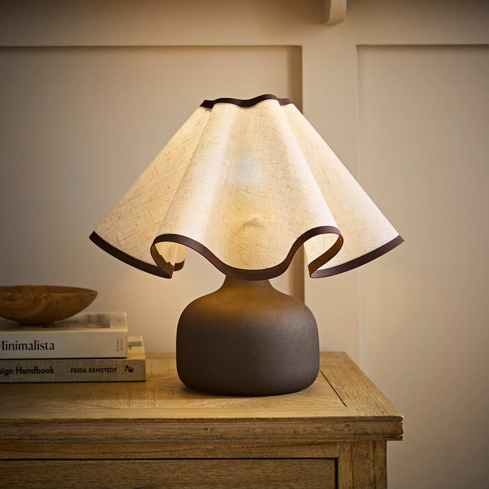 ValueLights Emilia Chocolate Brown Linen Wave Shade Ceramic Table Lamp with Bulb Image 6