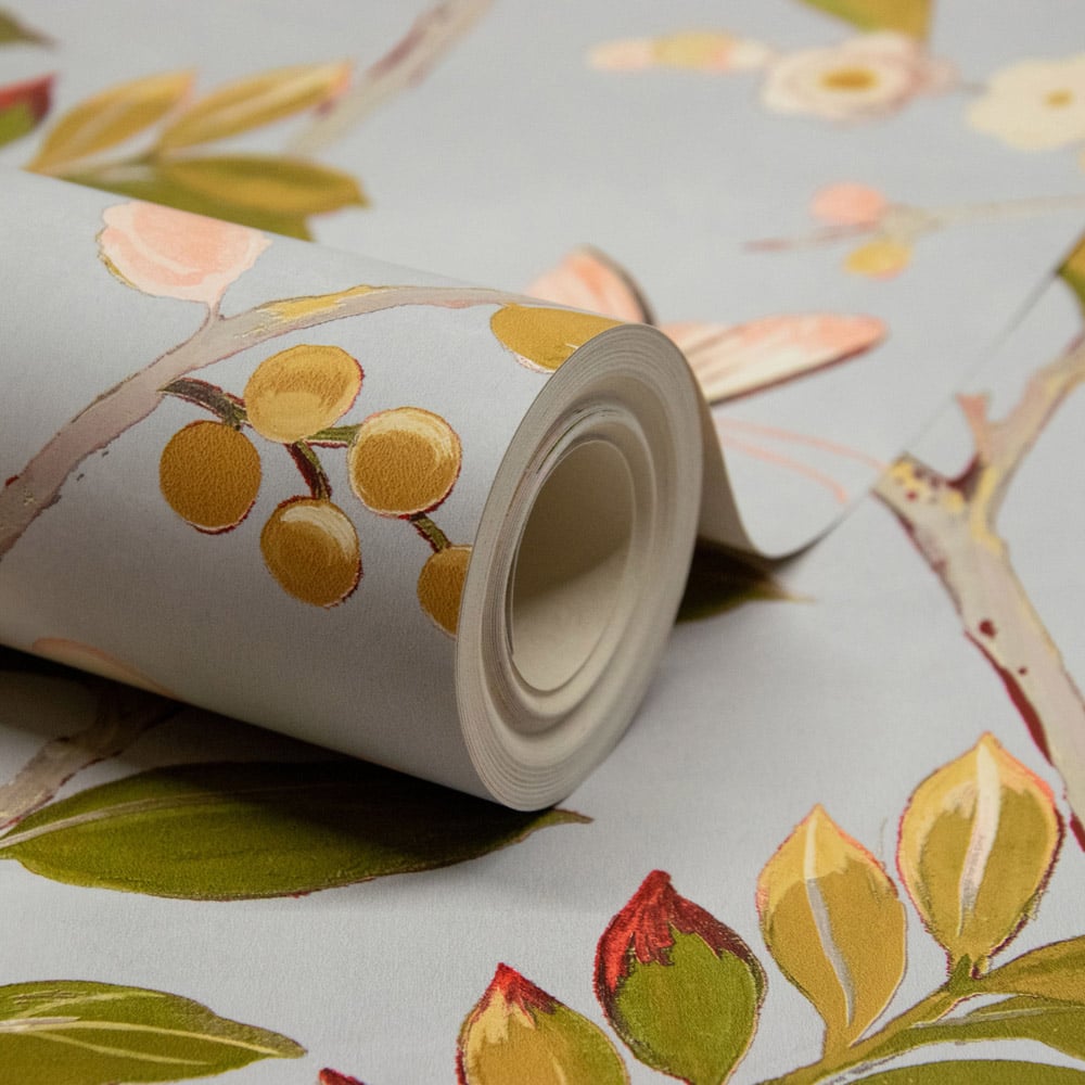 Grandeco Lola Painted Floral Trail Grey and Red Wallpaper Image 2