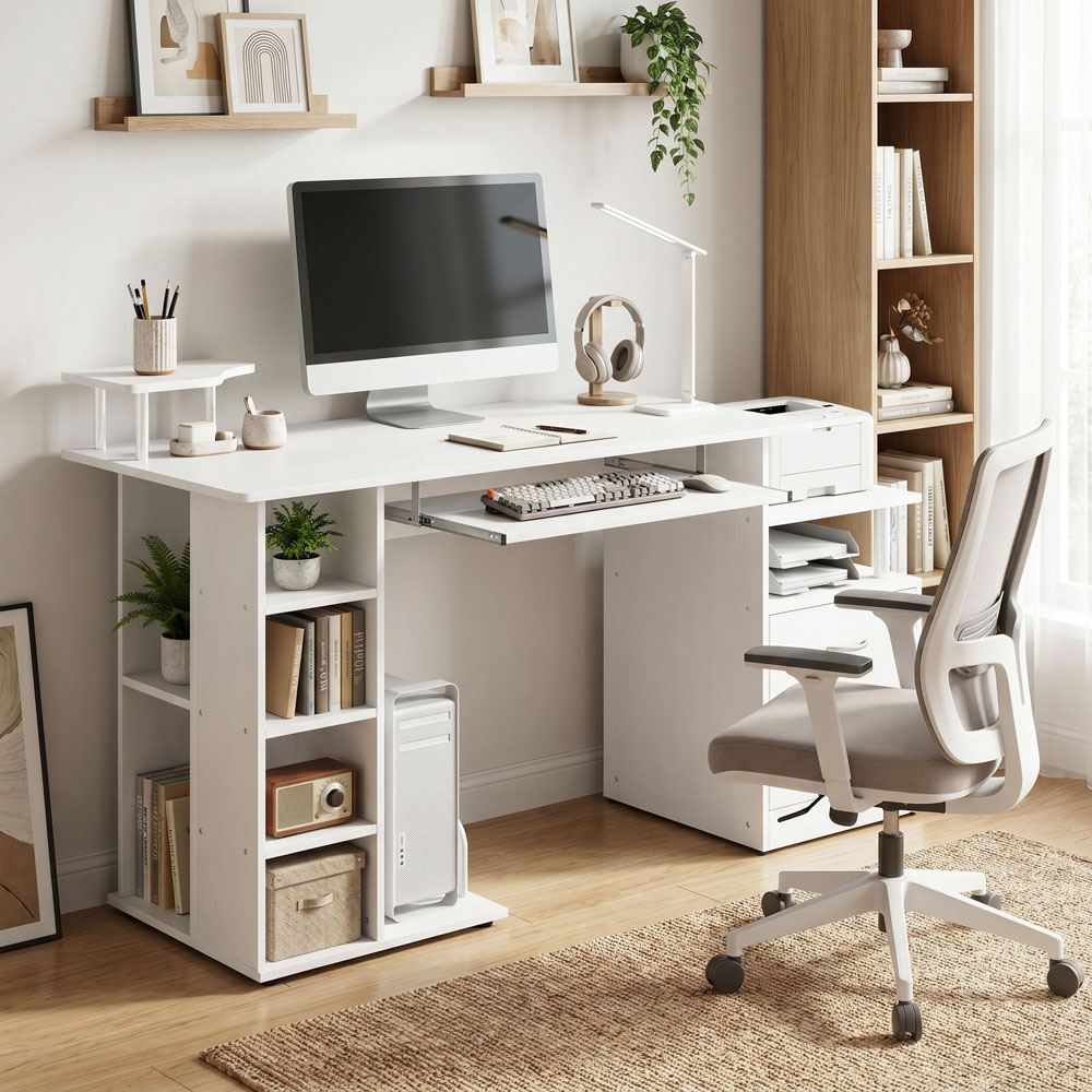 HOMCOM Single Drawer 8 Shelf Wooden Computer Desk with Keyboard Tray CPU Storage Rack White Image 4