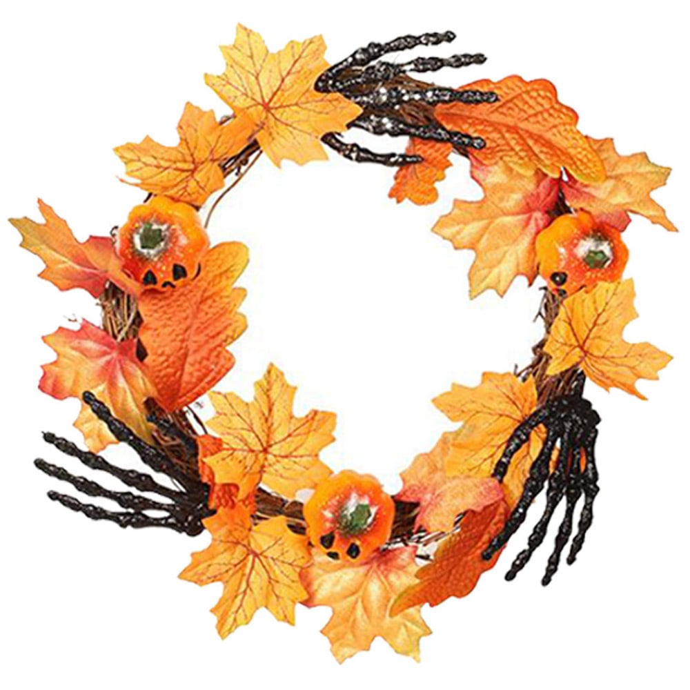 Living and Home Pumpkin Door Wreath with Skeletal Hands 40cm Image 1