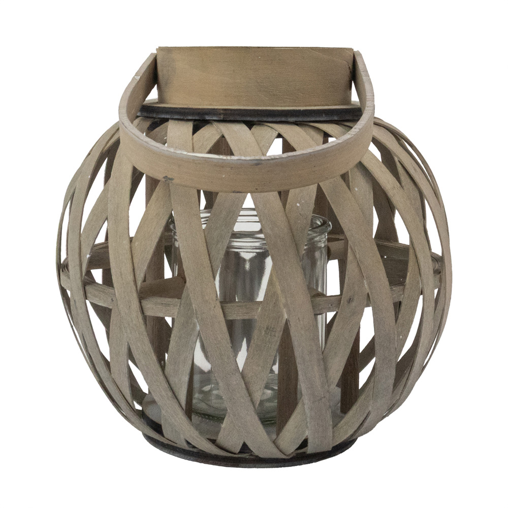 JVL Luna Antique Wash Natural Wood Round Lantern with Handle Image 4