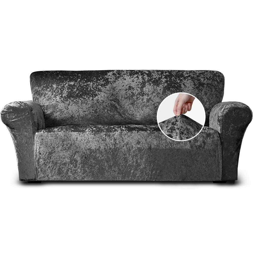 Homerepublic 3 Seater Charcoal Crushed Velvet Stretch Fit Sofa Cover Image 1