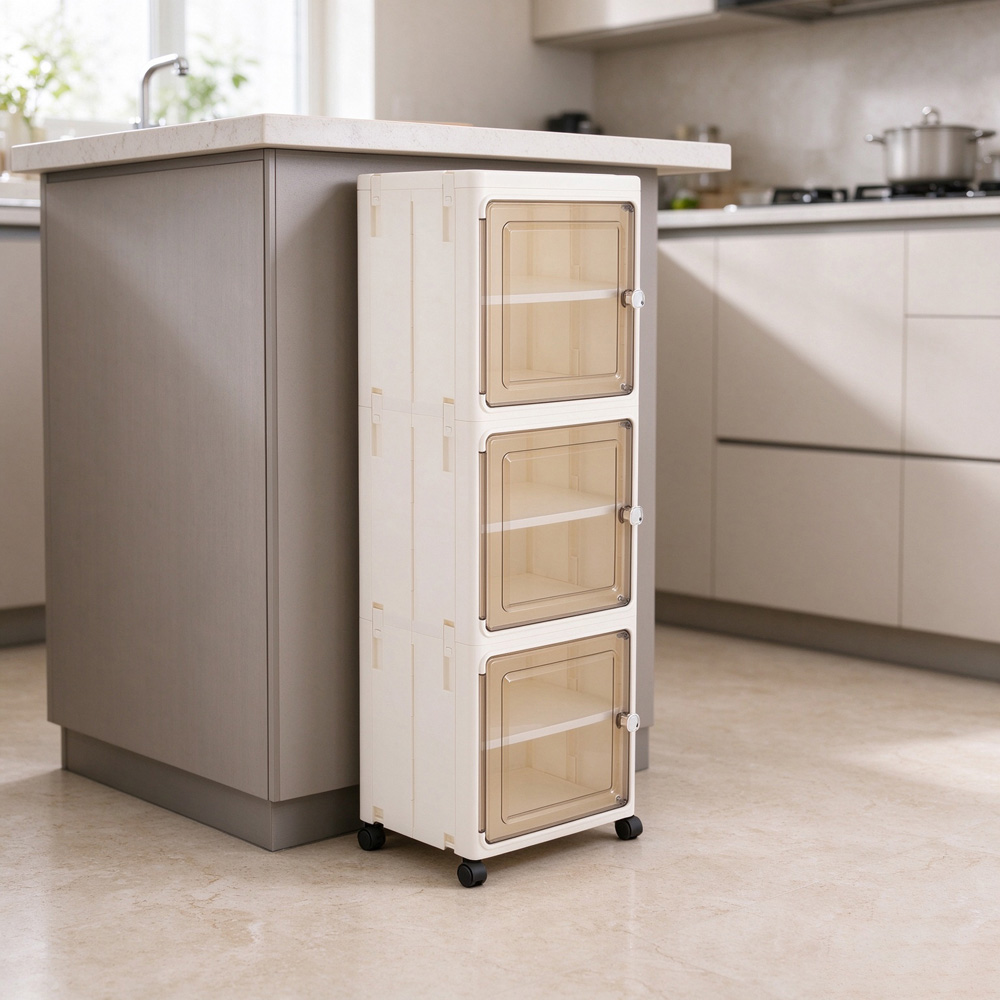 Living and Home 3-Tier White Storage Cabinet with Wheels Image 7