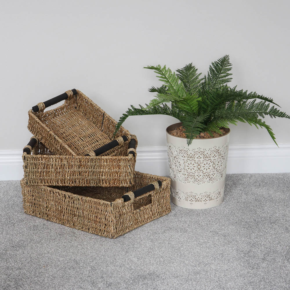 JVL Seagrass Rectangular Storage Baskets with Wooden Handles Set of 3 Image 2