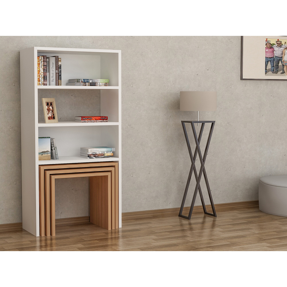 Decorotika Modern Melo 3 Shelf White Teak Bookcase with Nest of Tables Set of 3 Image 7
