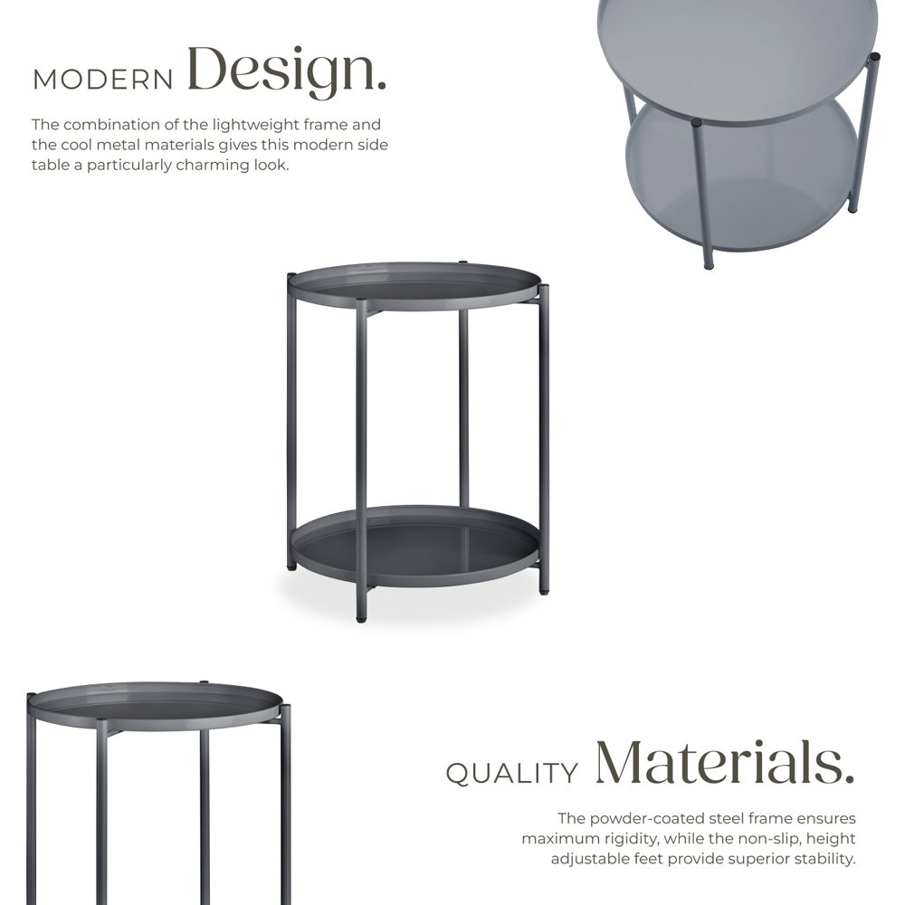 tectake Oxford 2 Shelf Dark Grey Round Bedside Table Image 4