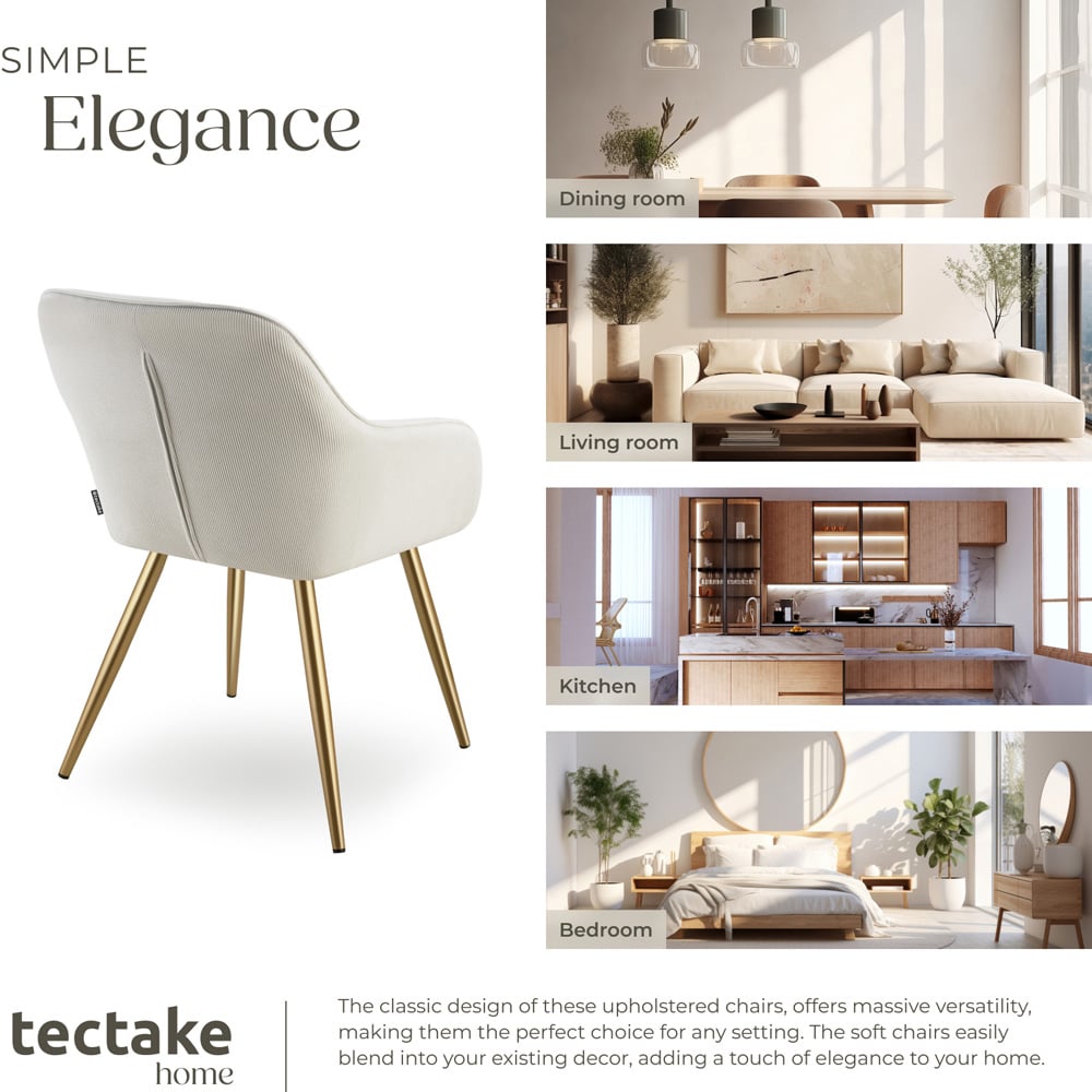 tectake Marilyn Set of 6 Cream and Gold Corduroy Padded Dining Chair Image 7