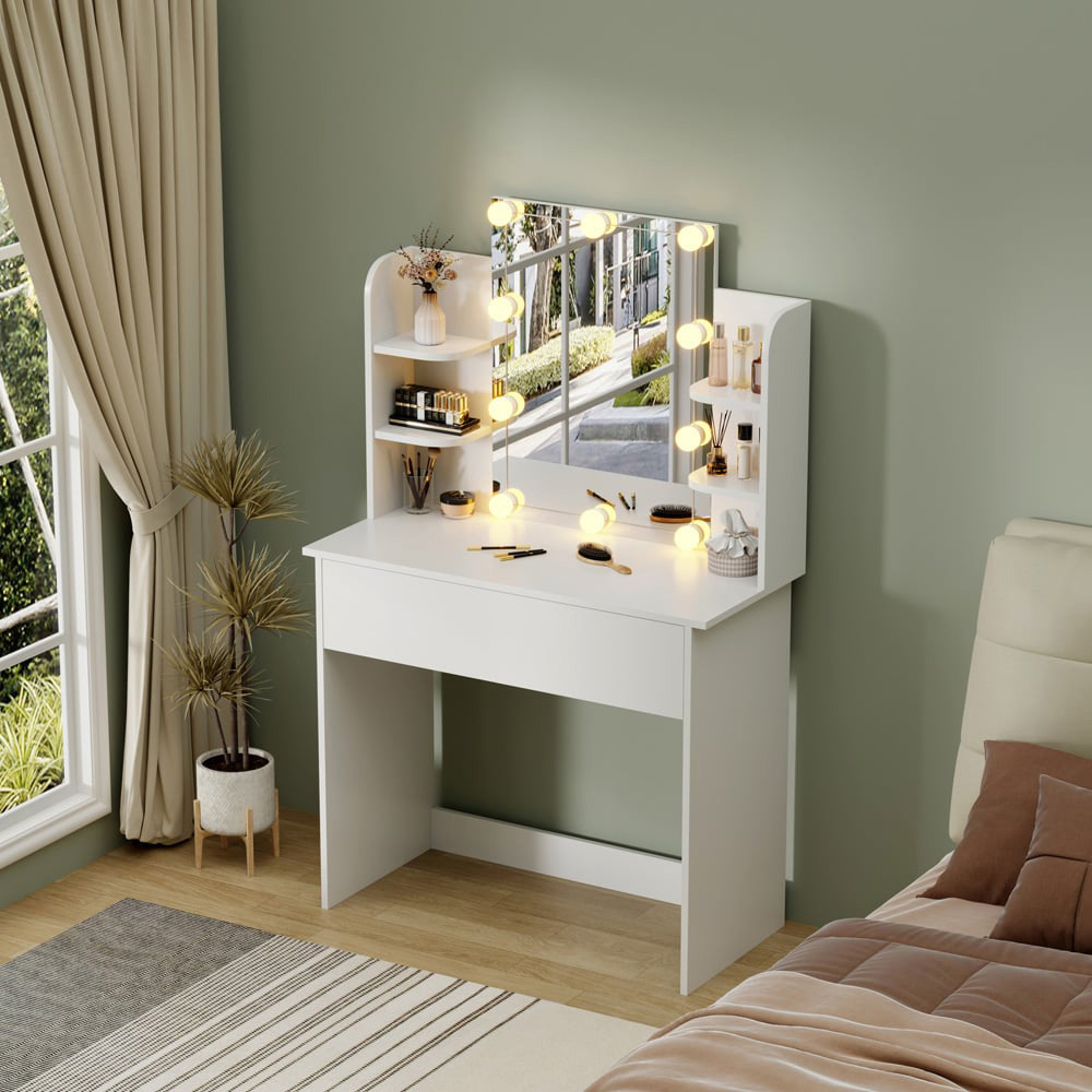 FurnitureHMD Single Drawer 4 Shelf White Wooden Dressing Table with LED Mirror Image 5