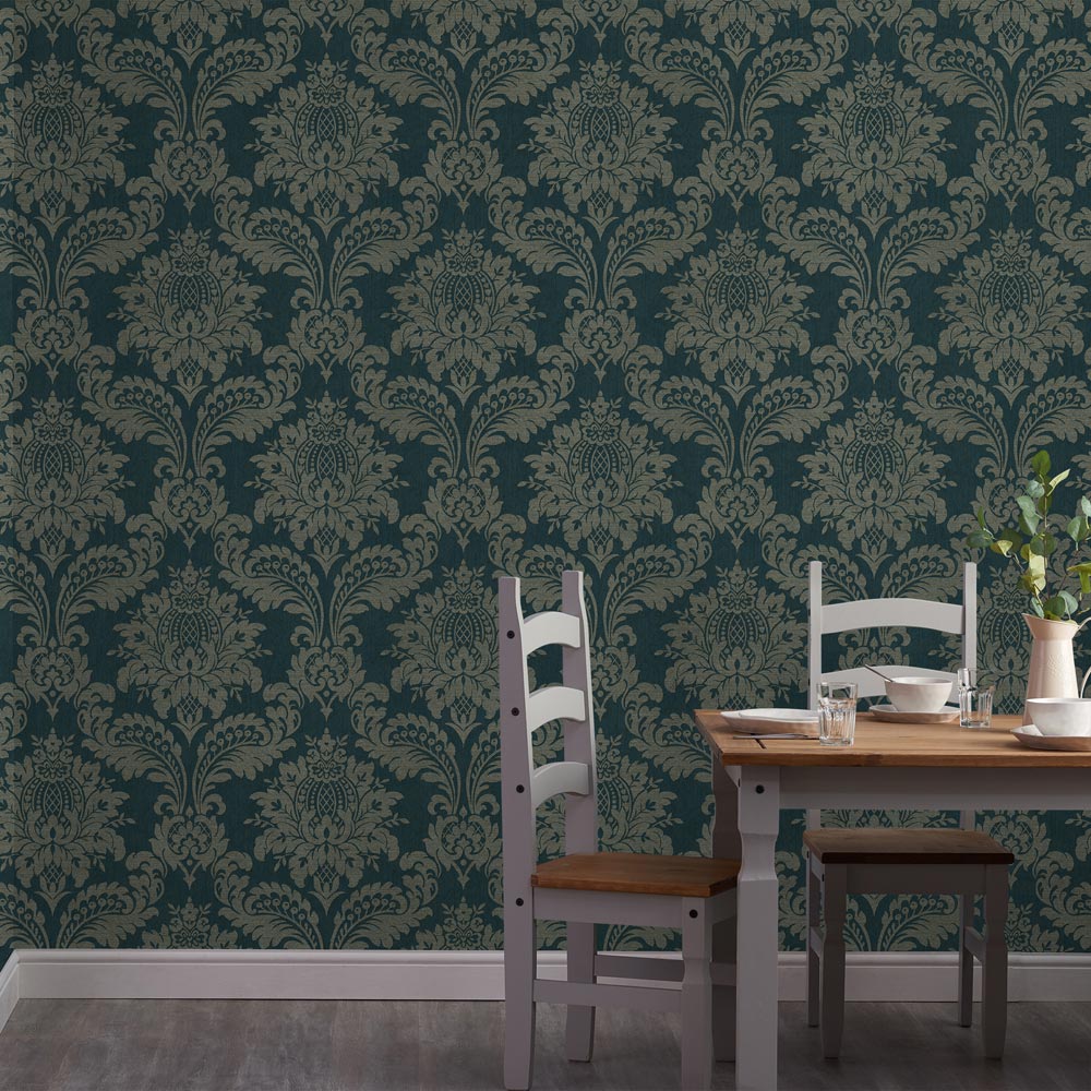 Boutique Archive Damask Teal and Gold Wallpaper Image 4