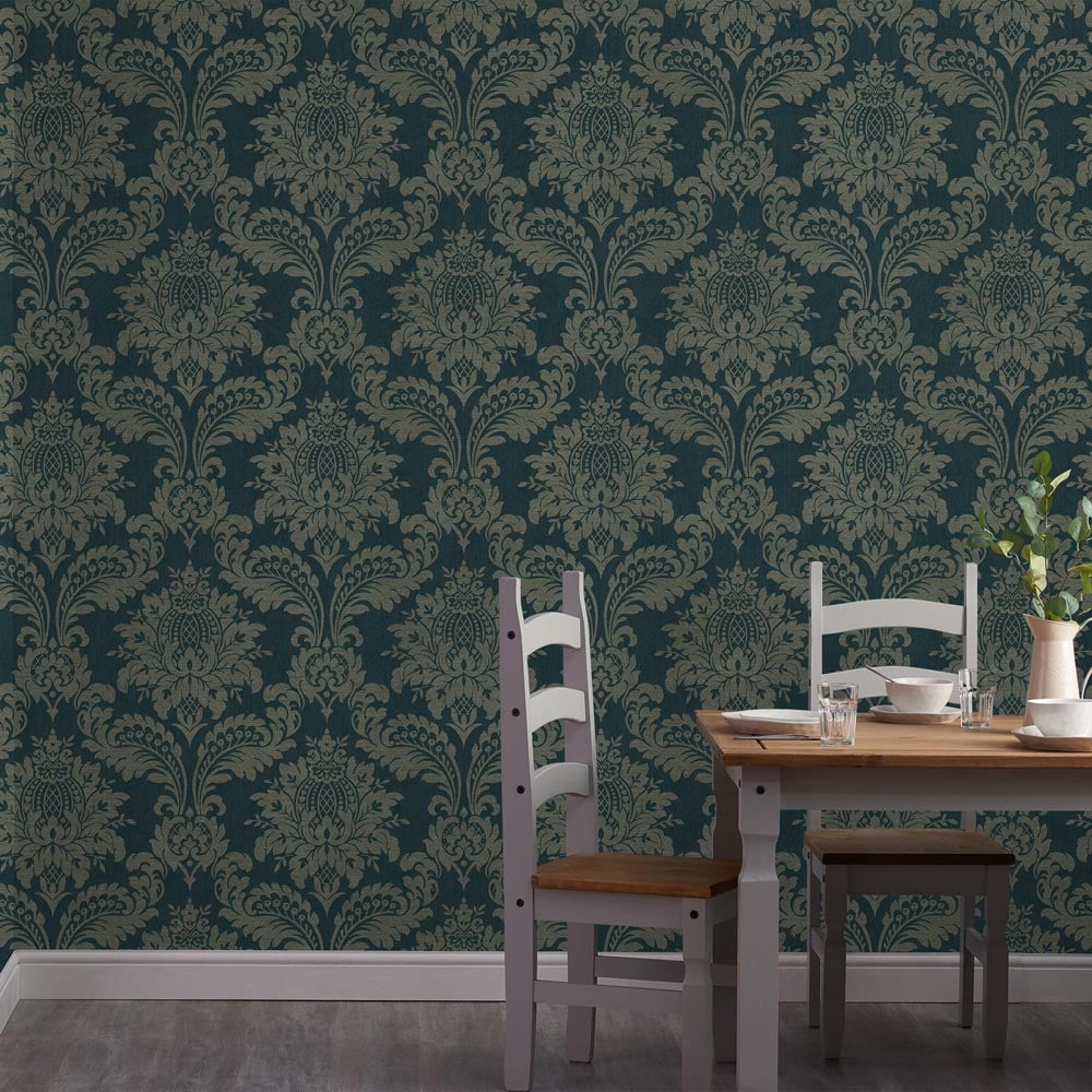Boutique Archive Damask Teal and Gold Wallpaper Wilko