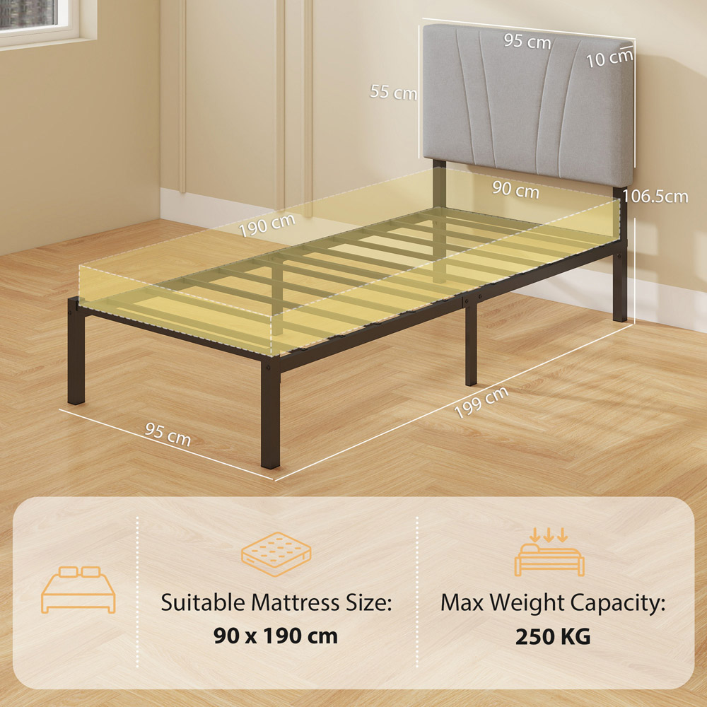 HOMCOM Single Black and Grey Bed Frame with Upholstered Headboard Image 9