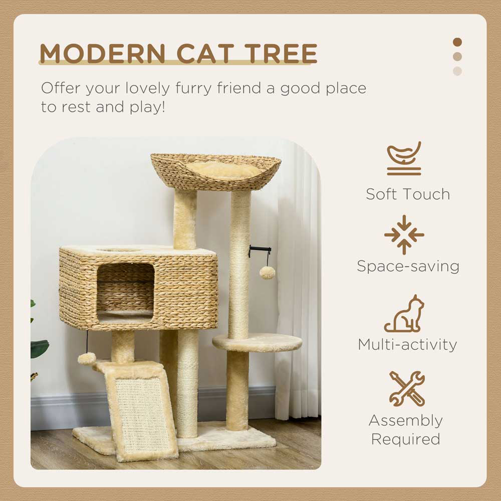 PawHut 95cm Cat Tree Tower w/ Scratching Post, Cat House, Ball, Platform - Beige Image 3