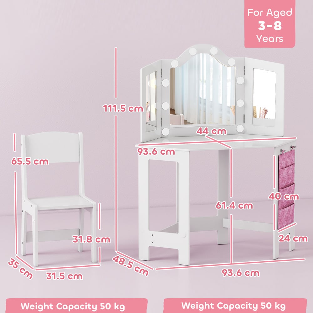 AIYAPLAY 2 Piece White LED Tri Folding Mirror Kids Vanity Table and Stool Set Image 9