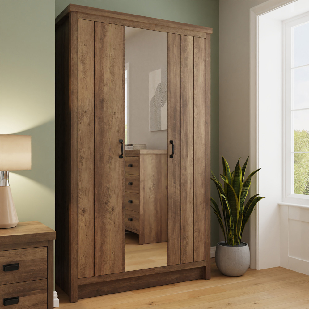 GFW Boston 3 Door Knotty Oak Mirrored Wardrobe Image 1