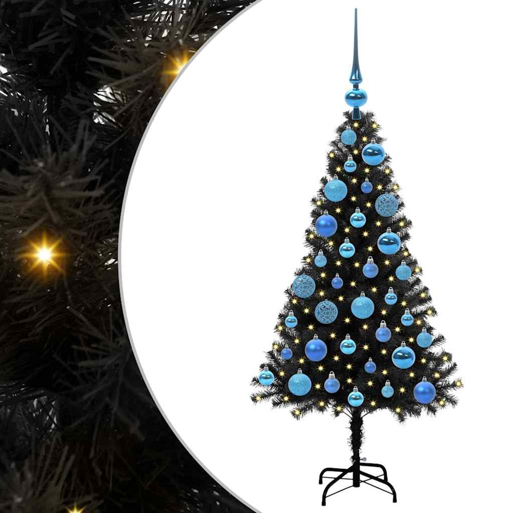 vidaXL Pre-Lit Blue Baubles Black Artificial Christmas Tree 4ft Image 2
