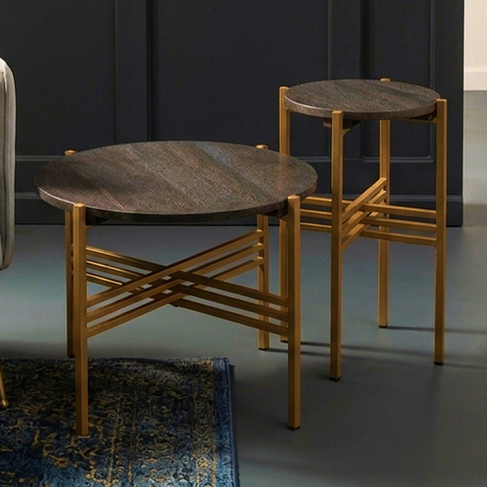 Premier Housewares Round Black Marble Top Side Table Set of 2 Image 1