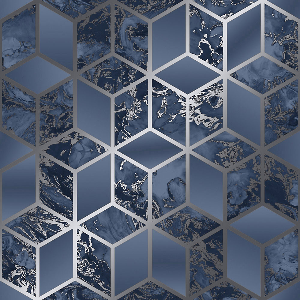 Muriva Elixir Cube Blue and Silver Wallpaper Image 1