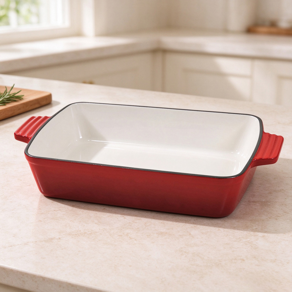 Living and Home 3.7L Red Enamelled Cast Iron Rectangular Baking Dish Image 2