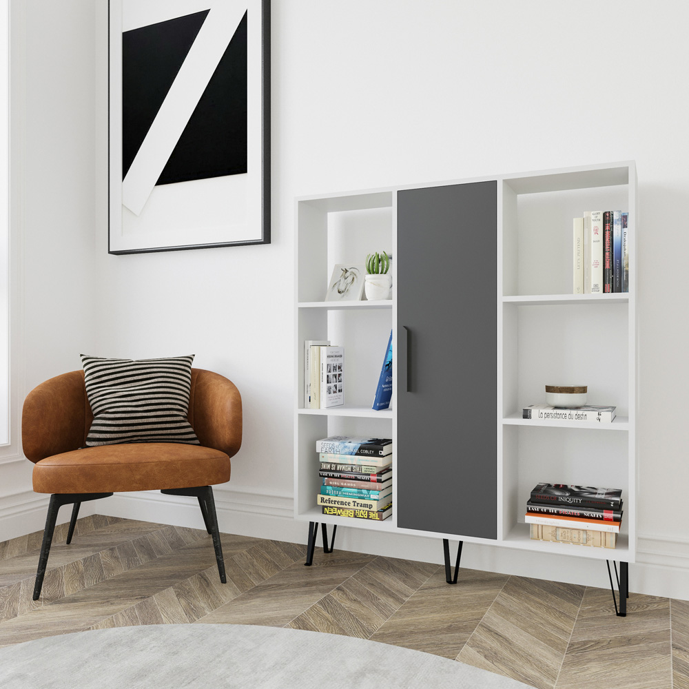 Decorotika Peoria Single Door 6 Shelf White and Anthracite Bookcase Image 3