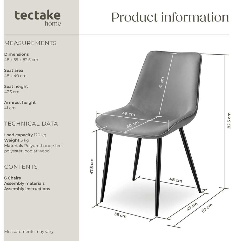 tectake Monroe Set of 6 Grey Velvet Padded Dining Chair Image 9