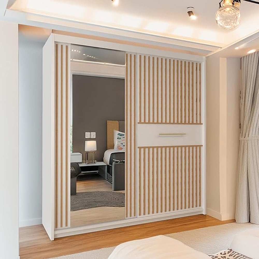 Modern Sliding Wardrobe with Mirror & Oak Striped Door (White 203cm) Image 3
