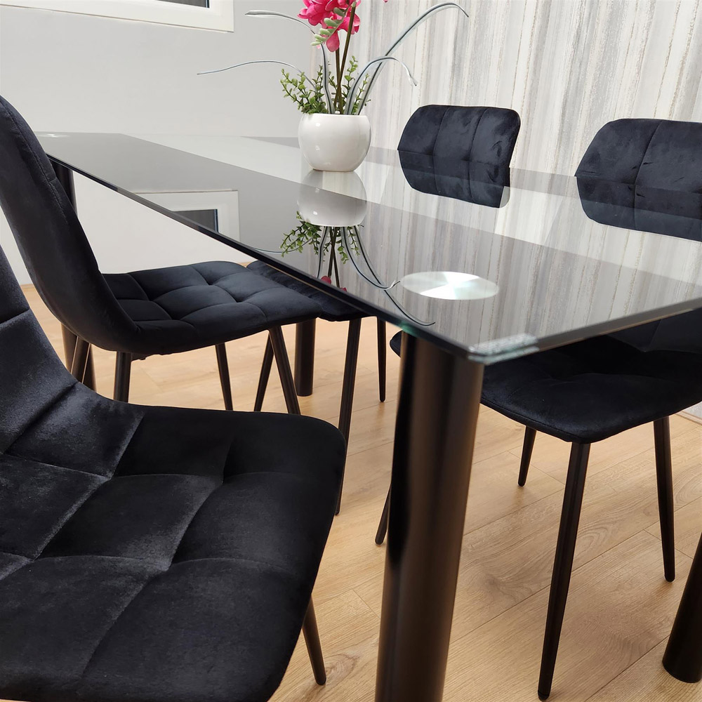 Kosy Koala 4 Seater Clear Glass Double Stripe Tufted Velvet Dining Set Black Image 2