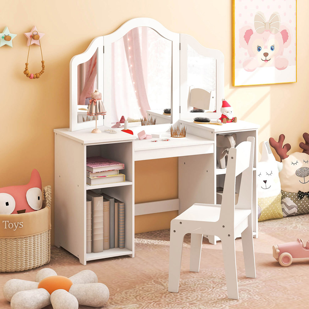 Costway 4 Shelf Kids White Vanity Table and Chair Set with Mirror Image 4