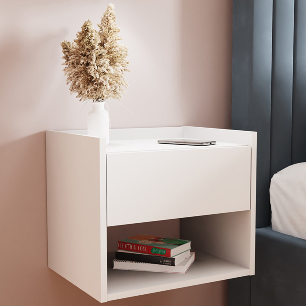 GFW Harmony Single Drawer White Wall Mounted Bedside Table Set of 2 Image 1
