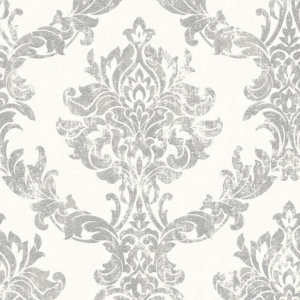Graham & Brown Vinyl Opal Damask White and Silver Wallpaper Image 1