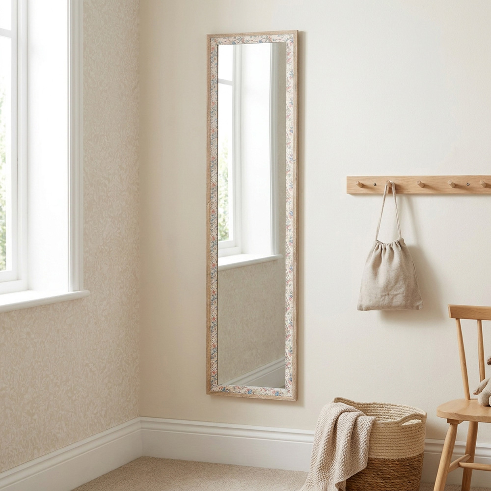 Floral Linen Wooden Dress Mirror Cream Image 6
