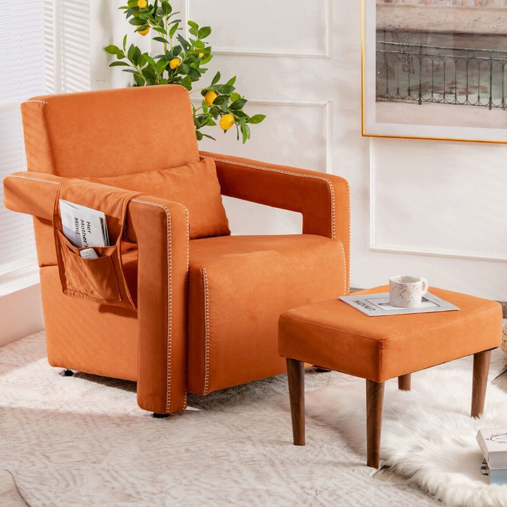 Costway Orange Padded Accent Chair with Footstool Image 1