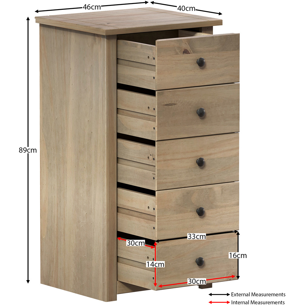 Vida Designs Panama 5 Drawer Pine Narrow Chest of Drawers Image 8