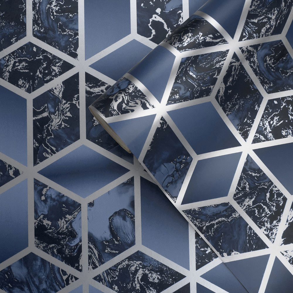 Muriva Elixir Cube Blue and Silver Wallpaper Image 2
