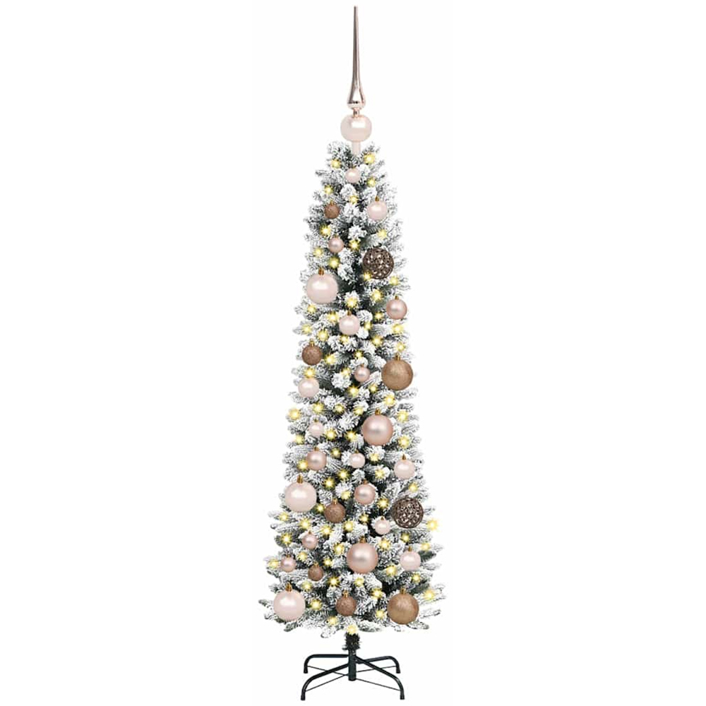 vidaXL Pre-Lit Rose Gold Baubles Artificial Snow Flocked Christmas Tree 4ft Image 1