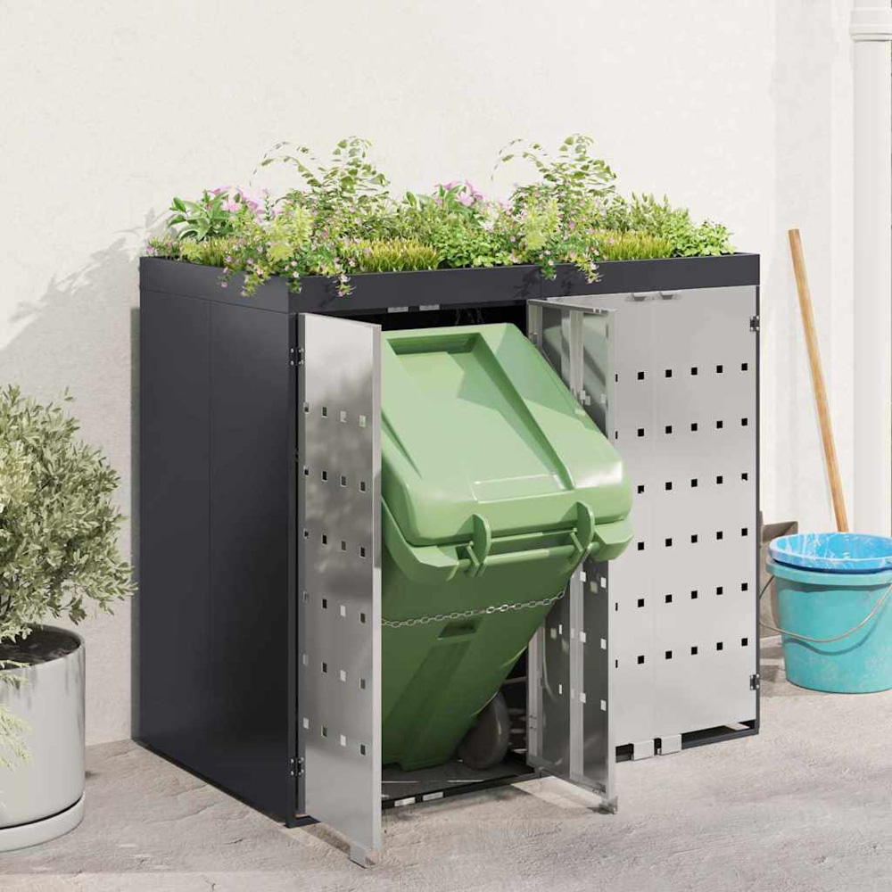 vidaXL Anthracite 2 Wheelie Bin Storage Shed with Stainless Steel Door and Planter Roof Image 2
