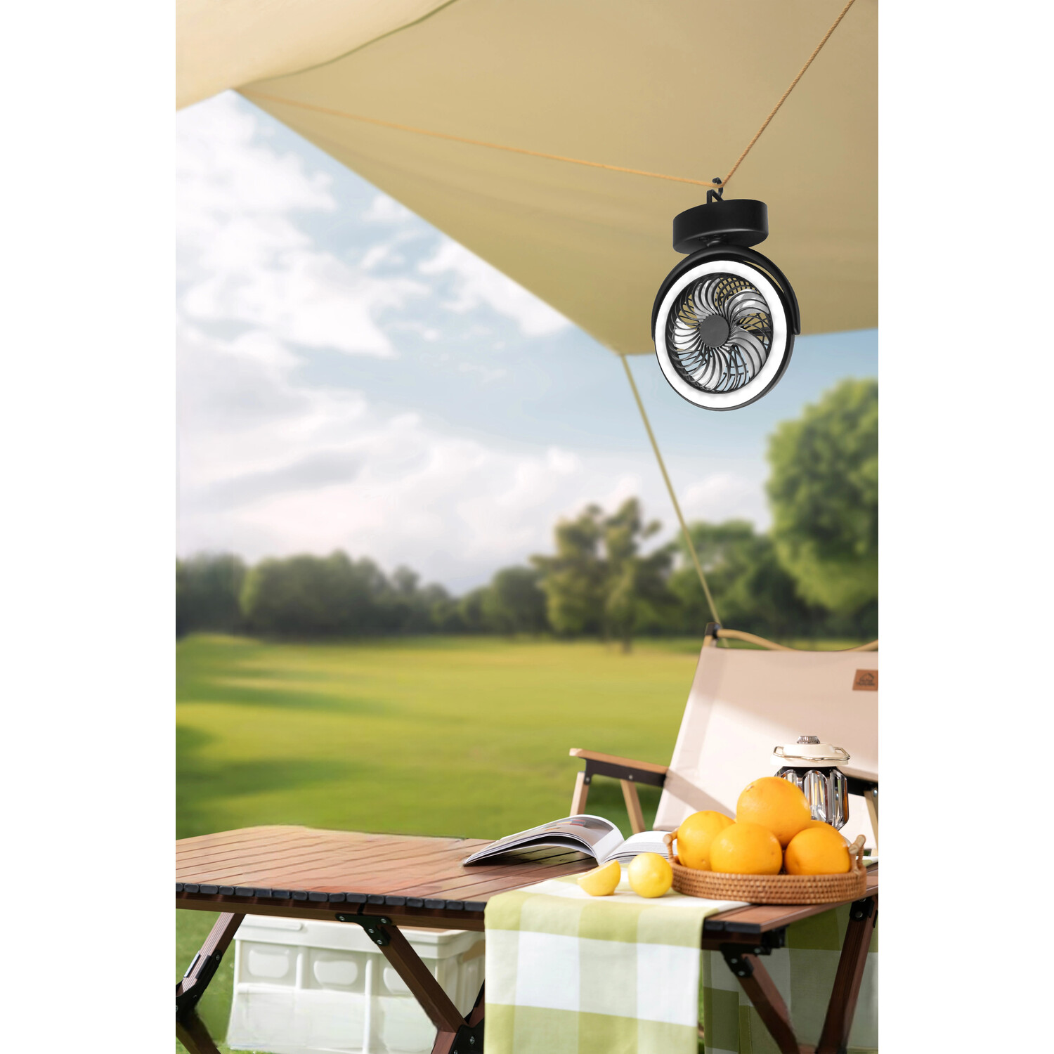 LED Camping Light and Fan Black Image 3