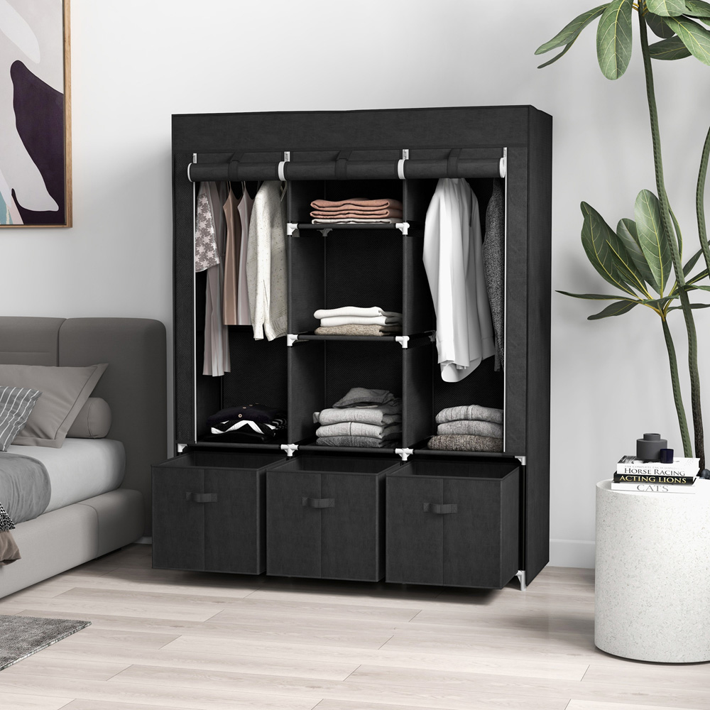 Portland 3 Fabric Drawer 5 Shelf Black Wardrobe Image 3