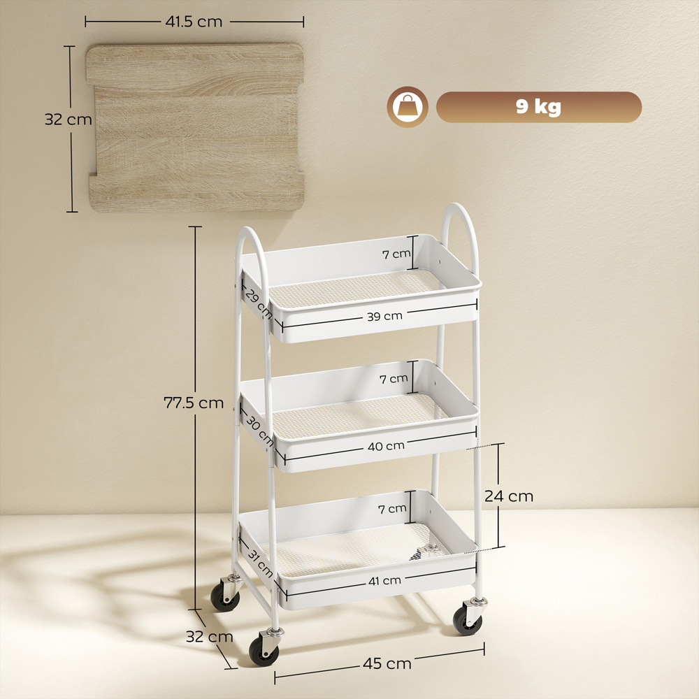 Portland 3 Tier White and Oak Rolling Utility Cart with Mesh Baskets Image 9