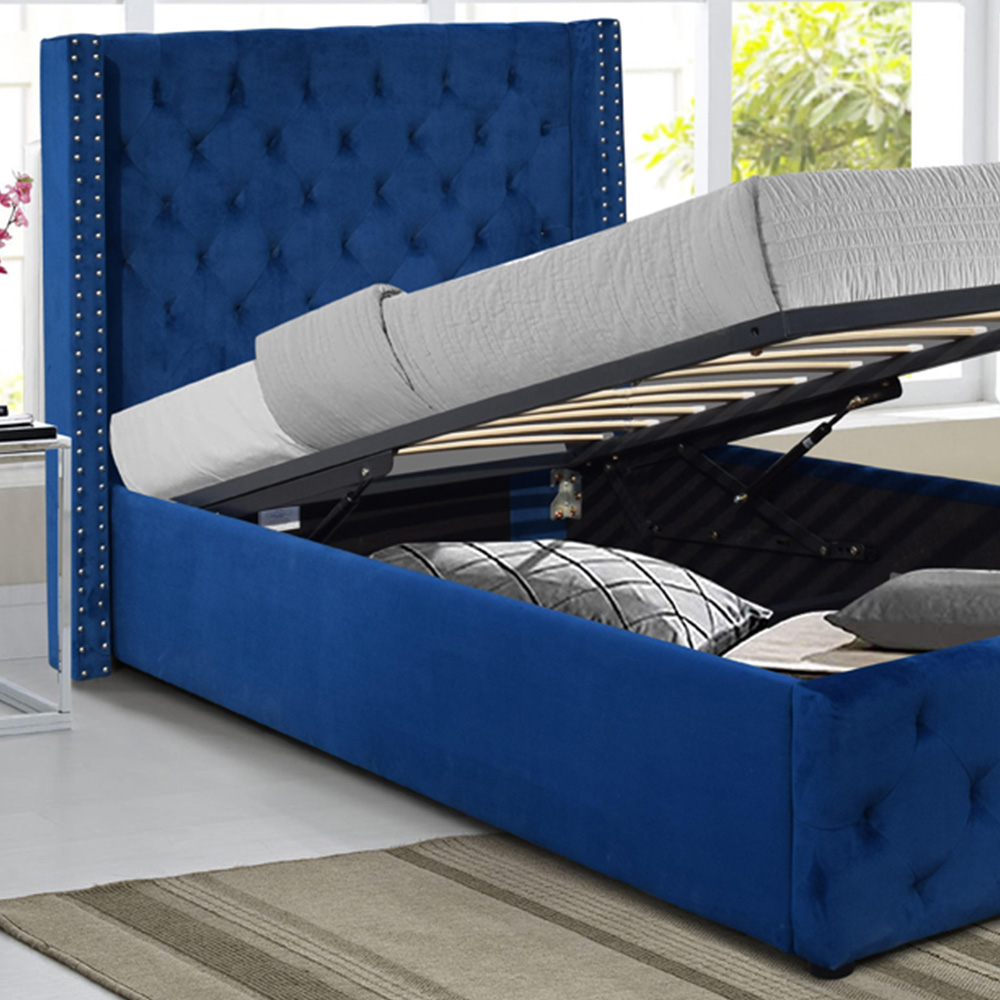 Comfy Living Single Blue Winged Plush Velvet Fabric Gas Lift Ottoman Bed Frame Image 2