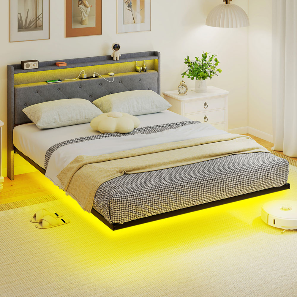 Portland King Size Grey Upholstered Floating Bed Frame with RGB LED Lights Image 1