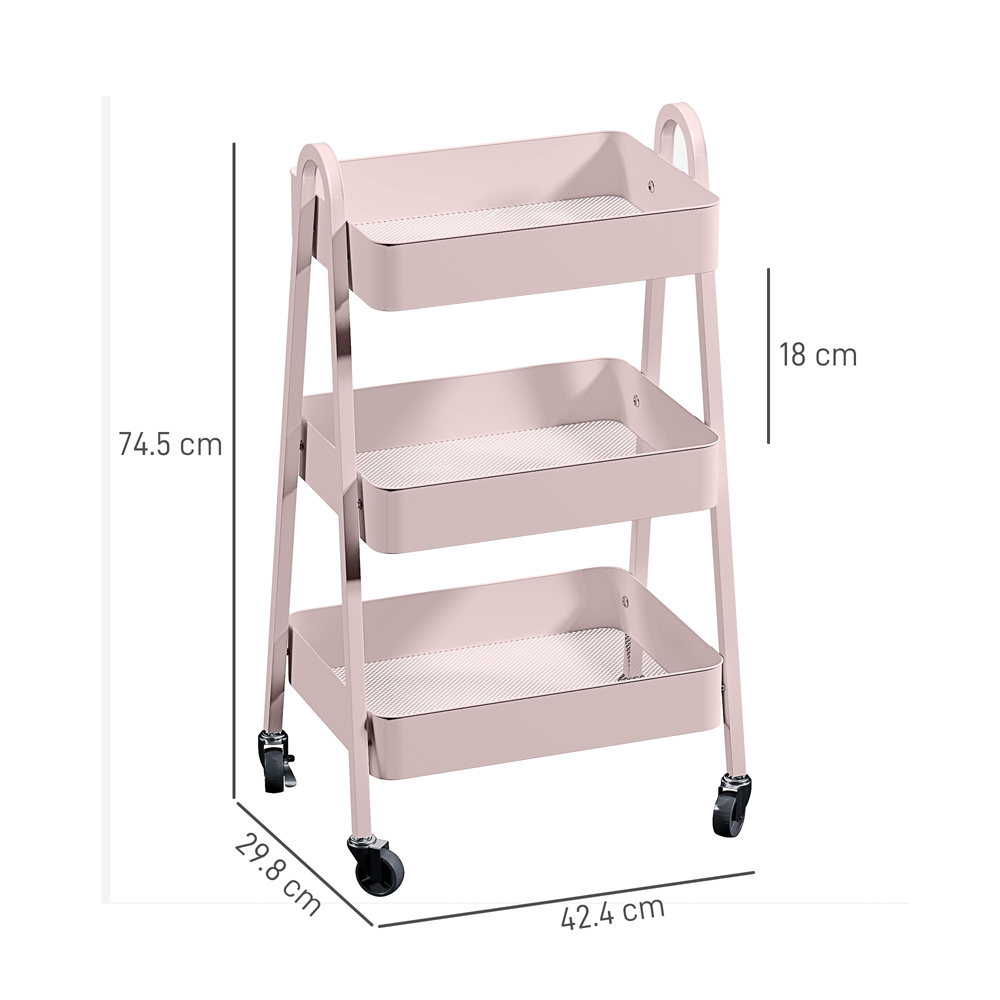 HOMCOM 3-Tier Pink Kitchen Storage Trolley Image 9