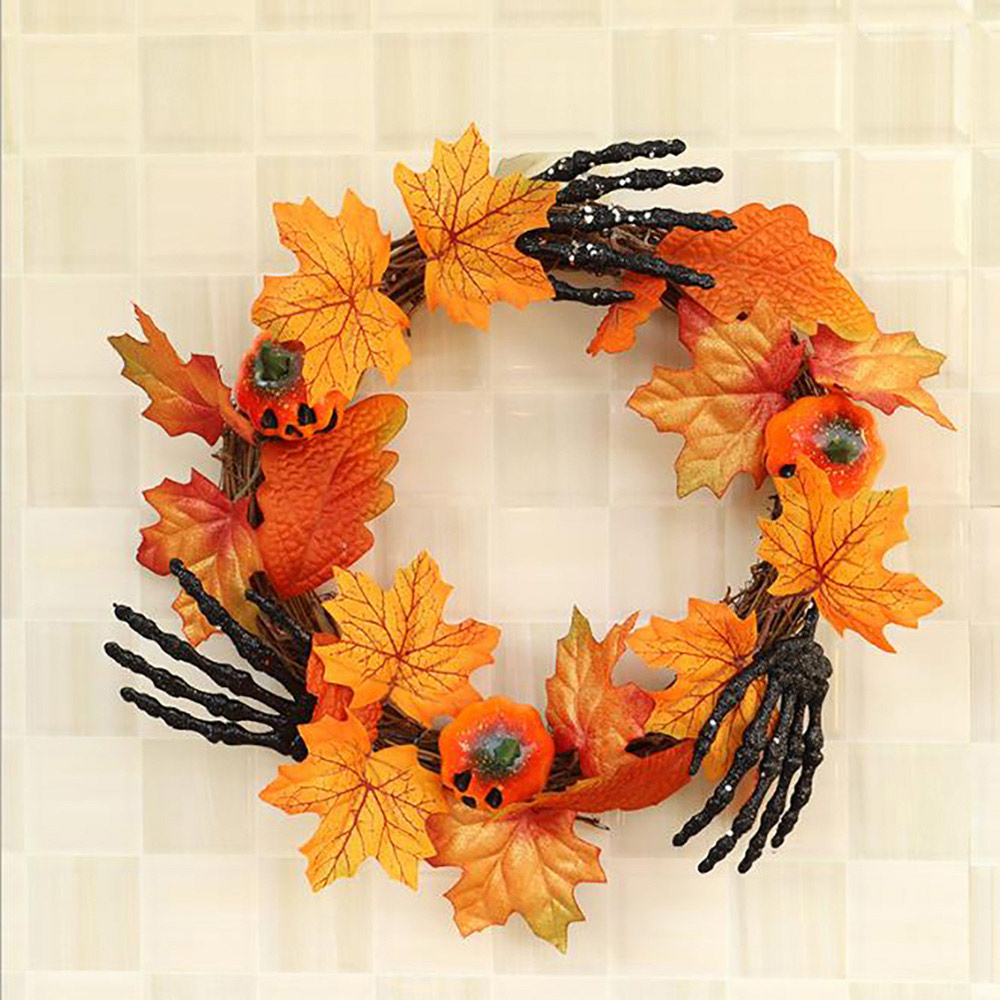 Living and Home Pumpkin Door Wreath with Skeletal Hands 40cm Image 3