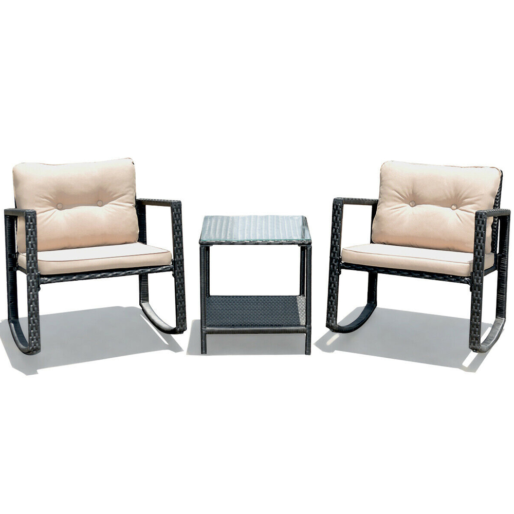 Costway 2 Seater Beige Garden Rocking Bistro Set with Cushion Image 3