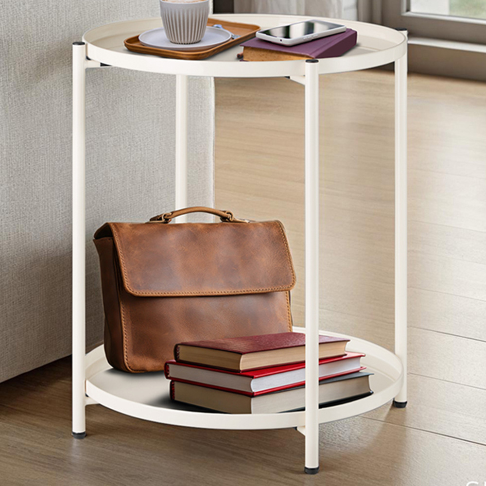 tectake Oxford 2 Shelf Cream Round Bedside Table Image 1
