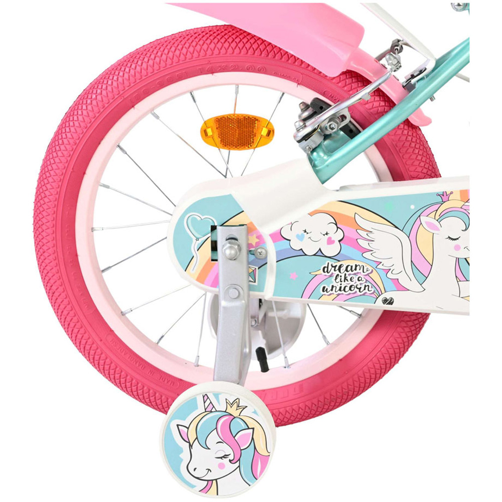 Volare Unicorn Kids 16 inch Green and Pink Bike with Stabilisers Doll Seat and Basket Image 7