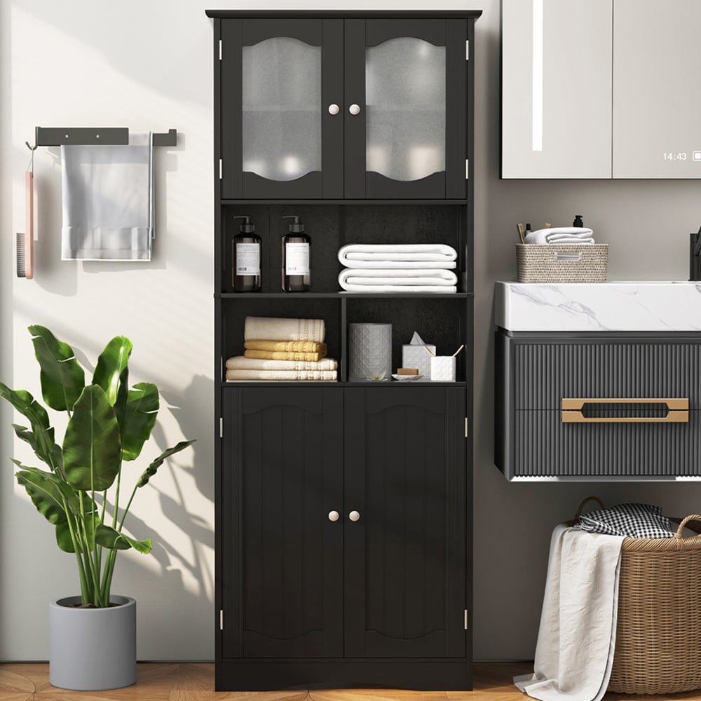 Costway 4 Glass Door 3 Shelf Black Tall Bathroom Cabinet 148cm Image 1