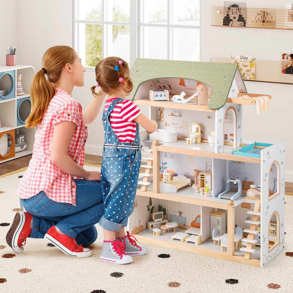 Costway Kids Green 33 Piece Wooden Dollhouse with Furniture Accessories Image 4