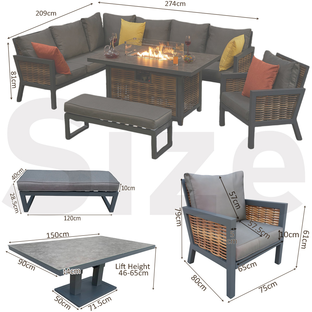Furniture One 9 Seater Grey Aluminium Outdoor Corner Lounge Set with Fire Pit Table Image 9