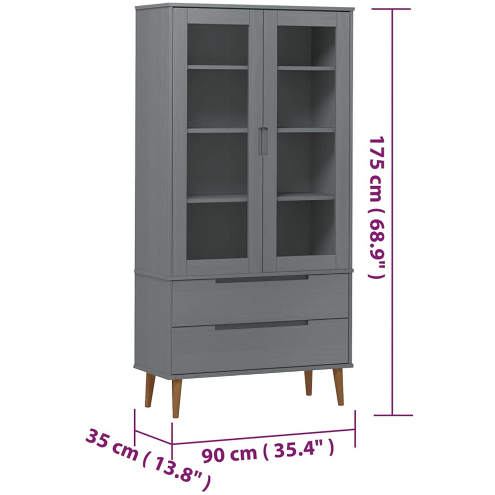 vidaXL 2 Door 2 Drawer 4 Shelf Grey Solid Pine Wood Vitrine Cabinet Image 9